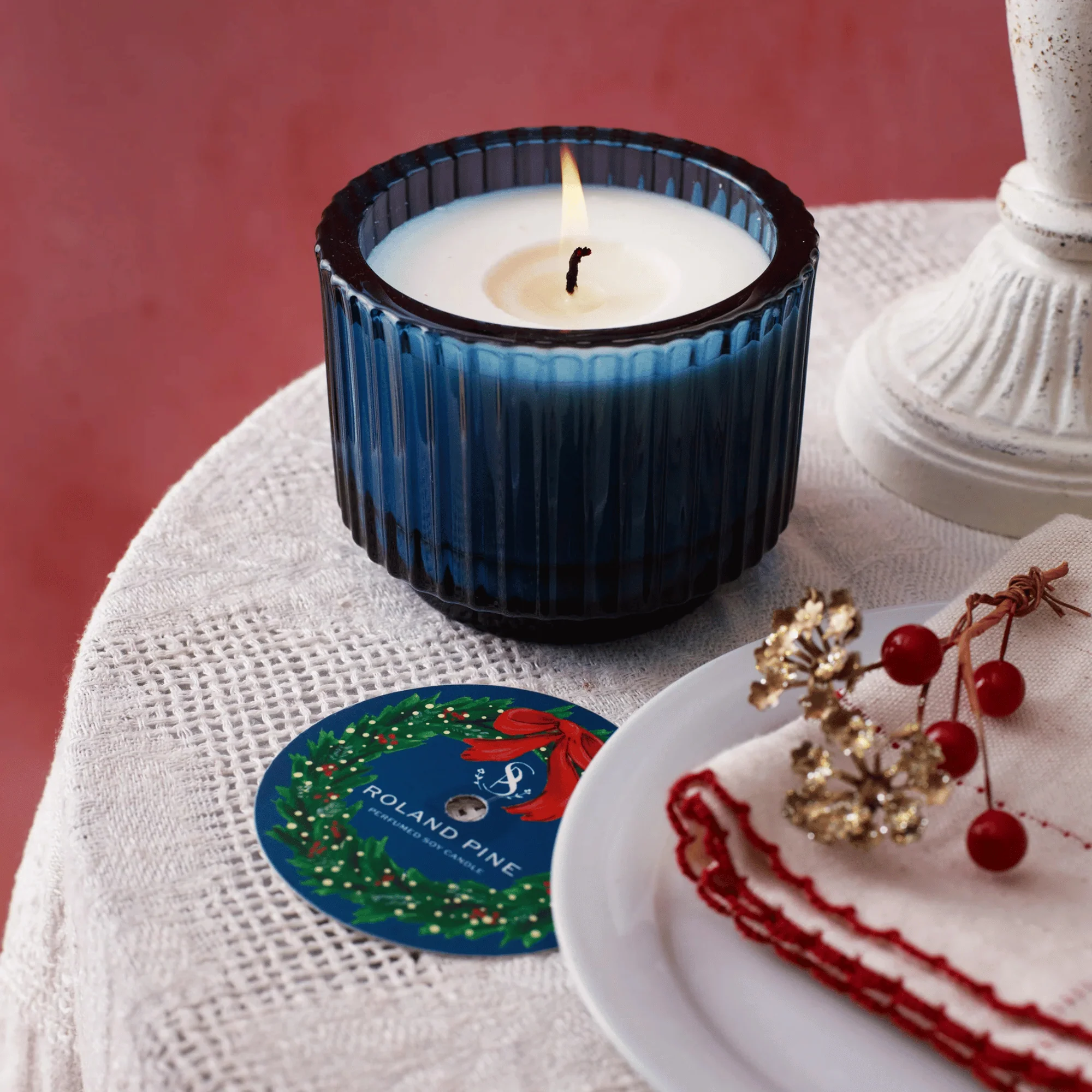 Soap & Paper Factory Home for the Holidays Roland Pine Blue Ribbed Candle (6 oz) #10090681 - Image 2