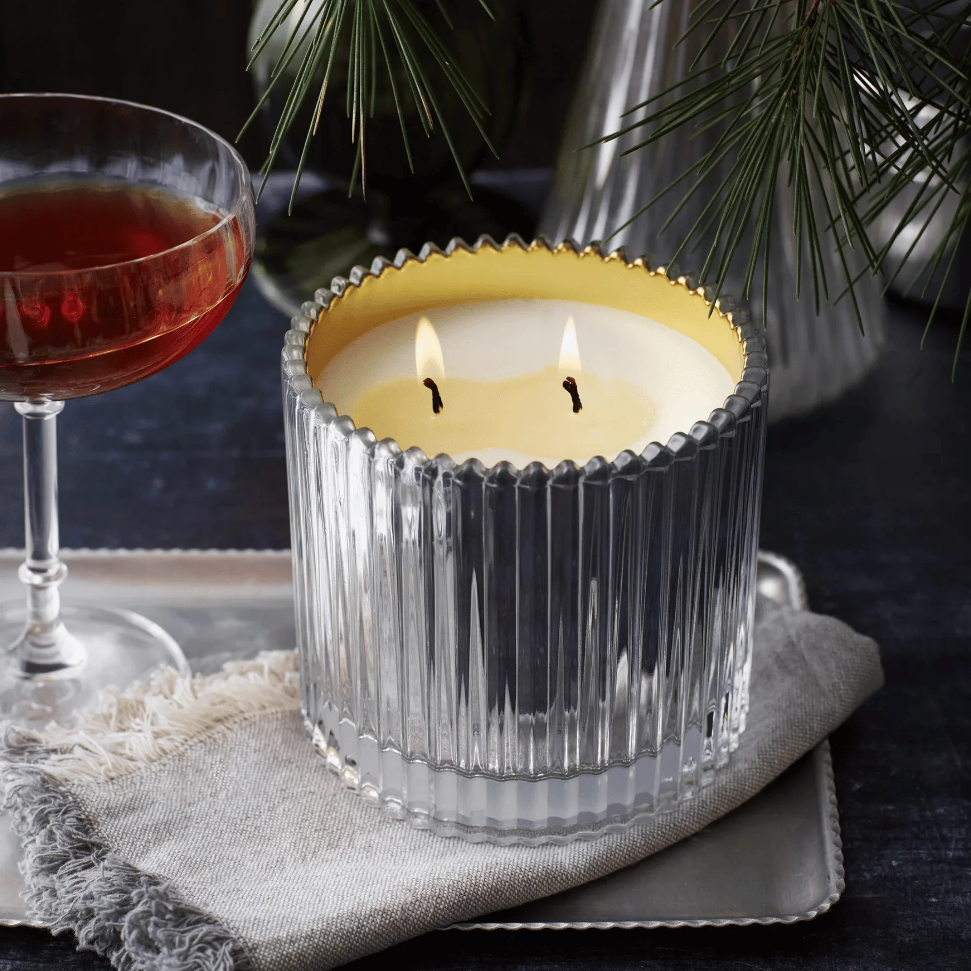 Soap & Paper Factory Roland Pine Silver & Gold Two-Wick Ribbed Glass Soy Candle (14 oz) #10090401 - Image 3